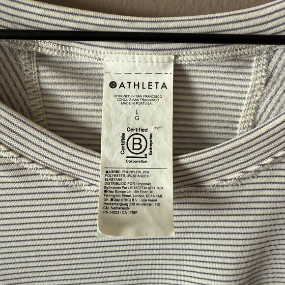 Women's L Athleta Fitted White Blue Tiny Stripes Athleisure Shirt - Picture 5 of 6